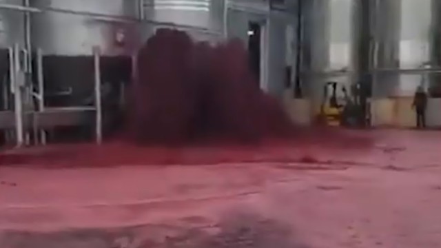 Видео: Завод затопило тоннами красного вина